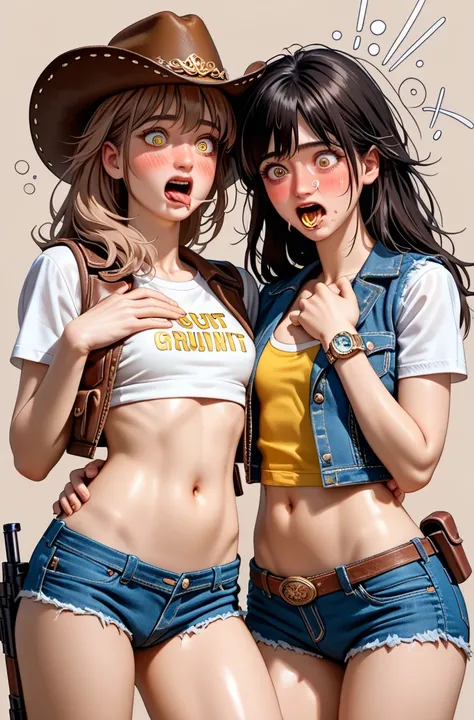 ((Adult Women_1 person:2.0)),(simple light brown background :1.5),( slender body:1.2),( micro short sleeve denim vest:1.2),( denim micro shorts that make you vomit yellow gastric juice from your mouth:1.2),(Navel exposed),(Drunk and having hiccups:1.3),( h...