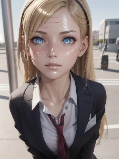  1 girl in the best,   blonde hair,  school uniform ,   focuses on raising hips,  waiting for the bus , Bus station ,  urban background,  perfect eye,  perfect hand,  super high resolution,  cinematic angle,  professional lighting,  best quality, masterpie...