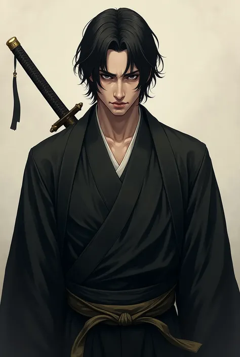 a 2d image of a man with cold eyes, medium and black hair, defined jaw, no beard,  wearing a black kimono with gold details, and with a katana 