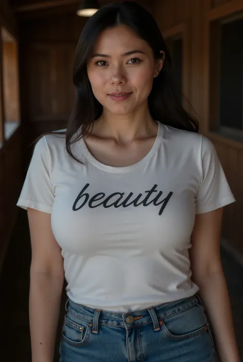Masterpiece, 1 girl, japanese adult mature idol, brunnette ponytail hair with bangs, heavy natural breasts, (white t-shirt), slutty expression, cute mature face, Masterpiece, 1 girl, natural breasts, (thick arms), (curvy thick slim oriental beauty), (t-shi...