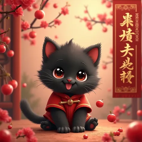 Black Kitten，Big Eyes，Chinese style，Womens，Wear Chinese clothes，Happy Calligraphy New Year，red plum