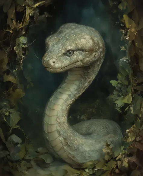 The Anthropomorphic Snake Woman、The upper body looks like a human and the skin looks like snake scales、An image with the theme of a snake woman whose lower body is the body of a snake、