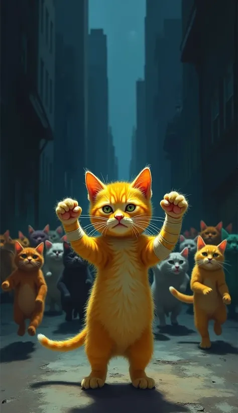 Between two buildings, a yellow kitten, also bandaged, raises both paws angrily. Behind it, a large group of colorful cats runs toward the screen at night.