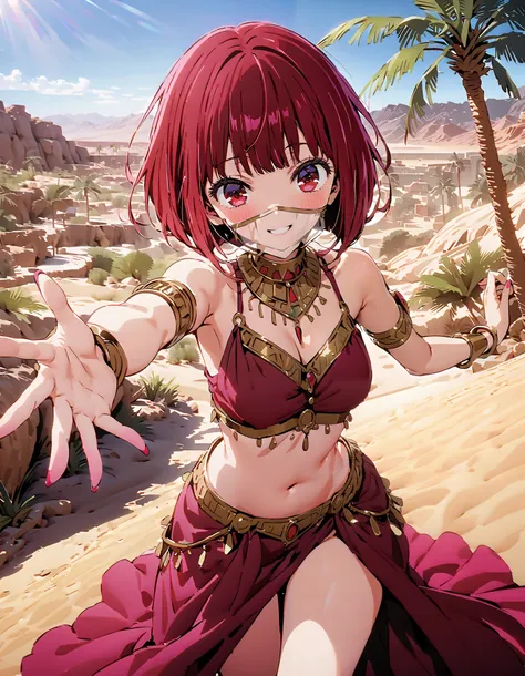 Canary, Arima etc.,  short hair, bangs,  red eyes, Red Hair,  bob cut, smile, blush, Arabian costume,  dancer, mouth Veil, belly Dancing, Veil,  armlet,  palm tree , Dancing,Bare legs, holding a triangular rice ball with both hands ,                       ...