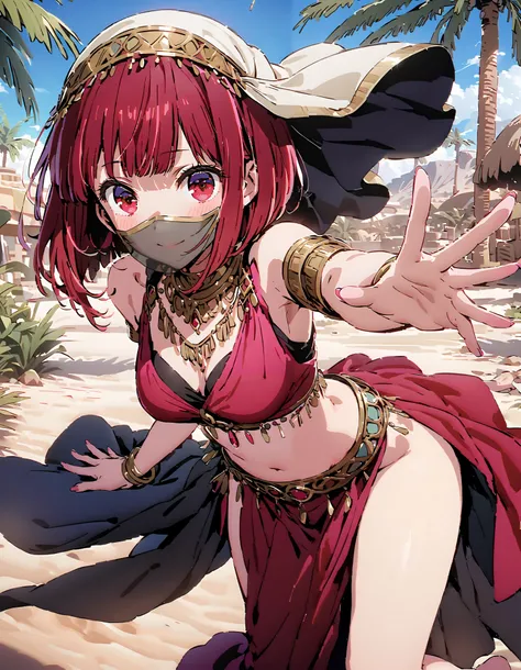 Canary, Arima etc.,  short hair, bangs,  red eyes, Red Hair,  bob cut, smile, blush, Arabian costume,  dancer, mouth Veil, belly Dancing, Veil,  armlet,  palm tree , Dancing,Bare legs, holding a triangular rice ball with both hands ,                       ...