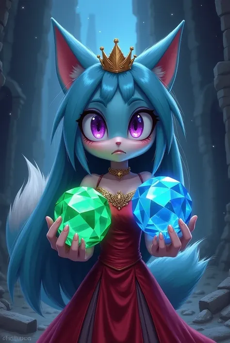 Arte Digital comic avatar universe sonic.
Anthropomorphic girl, Pastel blue fur, purple eyes, fluffy tail. Long straight hair, elegant red dress with a crown, , worn-out clothes. Background of a ruined castle at night, she holds two huge diamond in her han...