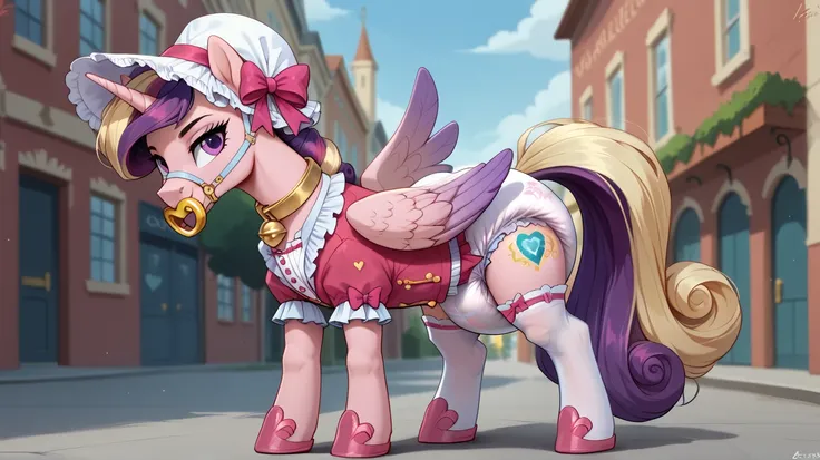 alicorn pony alone ,  adult anthropomorphic mare, Cadence , the mane is assembled in a pink and white bonnet ,  purple eyes ,  stands on four hooves overlooking the ass ,  wide open back hooves , walks down the streets of the city, putting himself on displ...