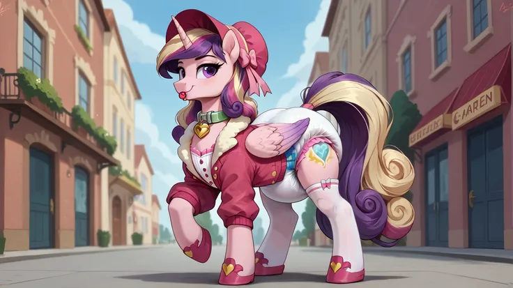 alicorn pony alone ,  adult anthropomorphic mare, Cadence , the mane is assembled in a pink and white bonnet ,  purple eyes ,  stands on four hooves overlooking the ass ,  wide open back hooves , walks down the streets of the city, putting himself on displ...