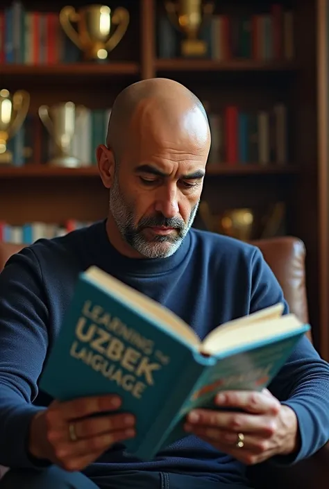 Pep guardiola reading a book named  learning Uzbek language in his room and background full of trophies 