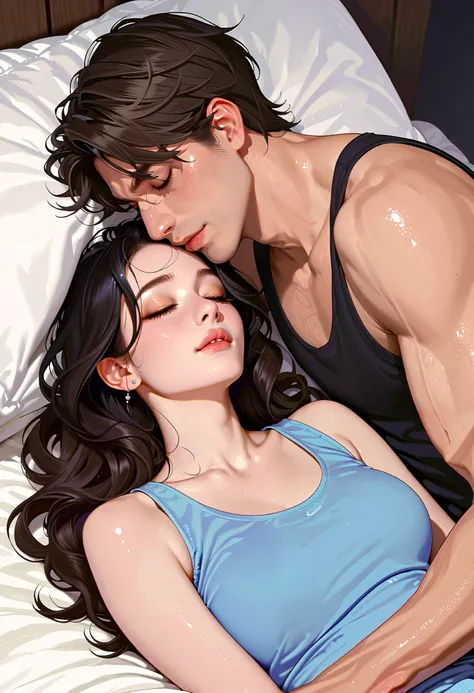 1 girl, Wear a tank top, Long wavy hair, dark hair , Sleeping cuddly with 1 man