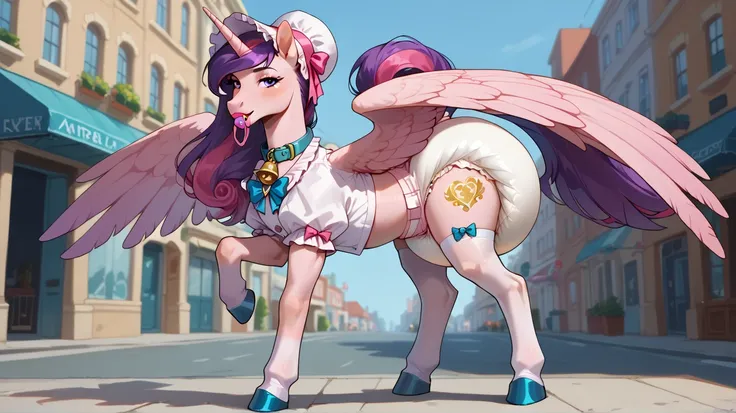 alicorn pony alone ,  adult anthropomorphic mare, Cadence , the mane is assembled in a pink and white bonnet ,  purple eyes ,  stands on four hooves overlooking the ass ,  wide open back hooves , walks down the streets of the city, putting himself on displ...