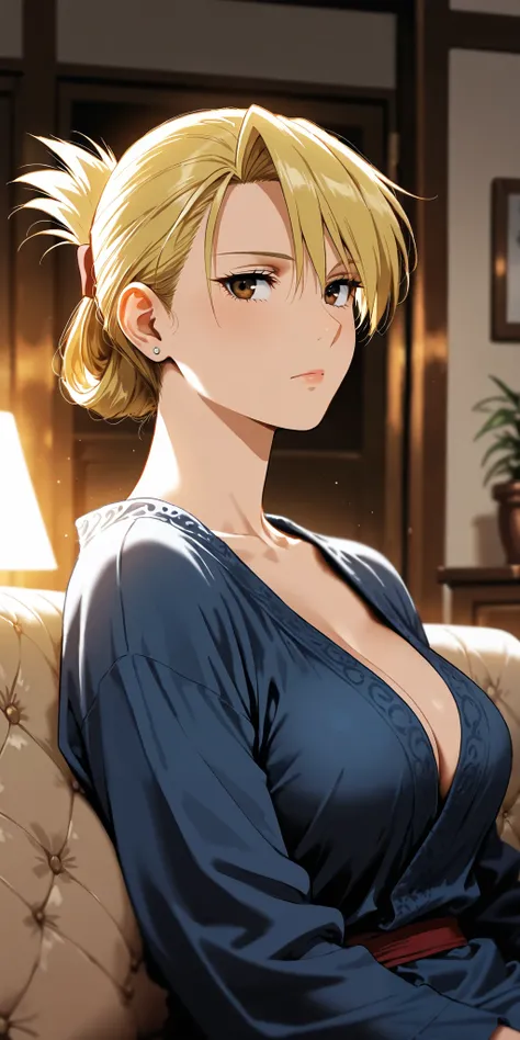 Masterpiece, mature woman, riza hawkeye, slim, upper body, nigh robe, sit on sofa, ultra detailed, highres, absurdres, best quality, dynamic lighting, home, portrait, semi realistic