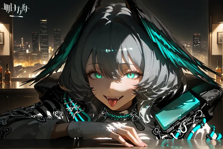 female,(((alone)))((Hoolheyak)),((Hoolheyak_\(arknights\))), Hoolheyak_\(arknights\), ,( beautiful eyes:1.5),open mouth, Alone, tongue, fingerless gloves, hood, tongue out, smile, grey hair, portrait, aqua eyes, hair between eyes, looking at viewer, i fang...