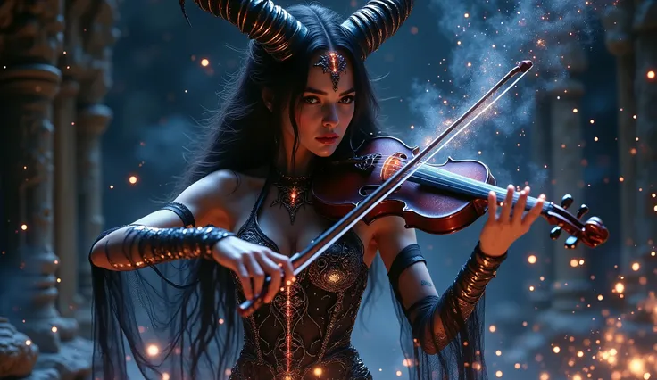 (Full body shot) a woman demon standing while playing the electric violin melody metal, the image is clearly visible (from head to toe, standing from a distance) dark and melancholic atmosphere, bright galactic color, clear and expressive face with subtle ...