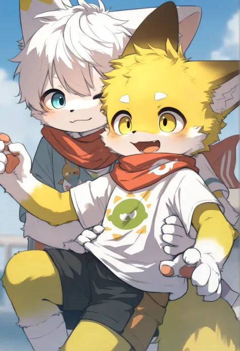  fox boy，furry boy， toddlers， yellow skin， white hair ，White Arm，scarf， shorts，Short sleeve