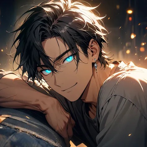 (Masterpiece,  best quality ,  Official Art) ,1 boy,portrait, Handsome Man ,detailed beautiful face and eyes,  side part (1.5), round face(1.5), slight smile,  casual clothes , platinum earrings(1.5) ,cheerful,  Intelligent ,  black hair(1.5),over backgrou...