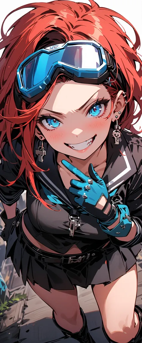 ( beautiful girl  : 1.3), 1 girl,( black sailor suit,Roll up your sleeves, skirt ,white and blue punk jacket ,biker goggle on head, earrings,belt,Harness,finger piercing gloves ,Lock, boots), red Hair,Forehead, Crazy Smile ,Reckless attitude,Evil face,Prov...