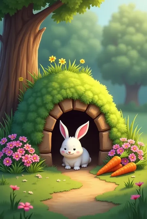 Scene 2: Rabbit's Home

Prompt: A small, cozy rabbit burrow in the ground, surrounded by colorful flower bushes and fresh carrots placed nearby. The background features green grass and trees from the forest.