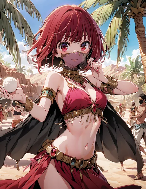 Canary, Arima etc.,  short hair, bangs,  red eyes, Red Hair,  bob cut, smile, blush, Arabian costume,  dancer, mouth Veil, belly Dancing, Veil,  armlet,  palm tree , Dancing,Bare legs, holding a triangular rice ball with both hands ,                       ...