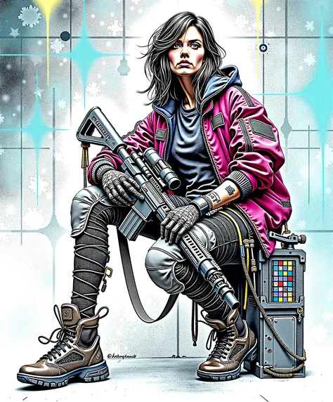 Create a colorful bold line vector illustration of A futuristic cyberpunk woman sitting confidently against a textured, abstract background. She has long, tousled hair and wears a vibrant red jacket over tactical gear. Her right arm is robotic, showcasing ...