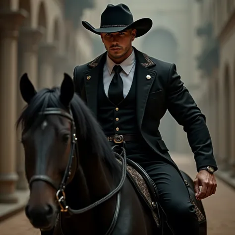 Muscular man in elegant suit black gaban tie with black cowboy hat on top of a black horse blurred background 