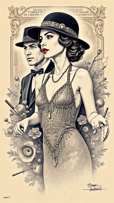 Create a sketch drawing that features a detailed silhouette of a beautiful woman and man walking embodying the elegance of the 1920s. with prominently display the slogan "When I saw you and that girl walkin' around'
" in bold, She should be dressed in a gl...