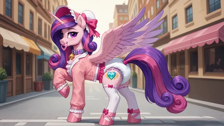 alicorn pony alone ,  adult anthropomorphic mare, Cadence , the mane is assembled in a pink and white bonnet ,  purple eyes ,  stands on four hooves overlooking the ass ,  wide open back hooves , walks down the streets of the city, putting himself on displ...