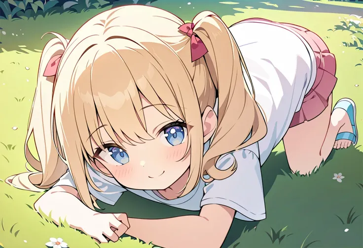 1 girl, blonde hair, blue eyes, white T-shirt, pink miniskirt, blue sandals,  twintails,  , summer, on the grass, in a park, crawling on all fours, looking happy, about three years old, detailed, wallpaper, masterpiece, best quality