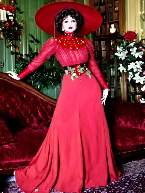 (masterpiece), (realistic), (ultra hd 8k), (realistic body proportions) Betty Boop as a (coquettish 14yo brunette Gibson Girl thot of the 1900s). Year 1905. ((Wearing a red high-collar long sleeve gown and wide-brimmed "merry widow' hat with flowers, waist...