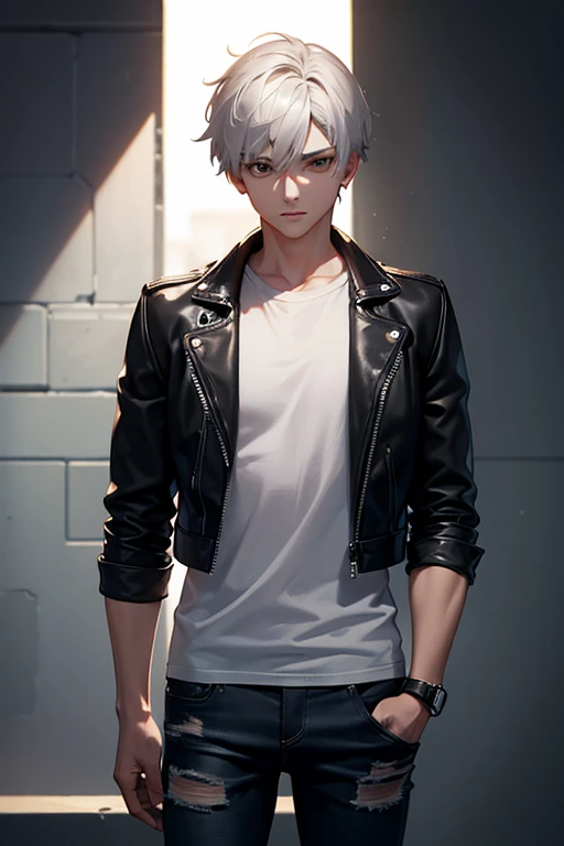 ((artwork, Best quality)), studio lighting, (1 boy), (Alone), (male focus), (stand:1.3), (looking forward: 1.3), front camera, tall and defined, protagonist, gray t-shirt, black leather jacket open and with zipper, long and tight jeans, emotionless, short ...