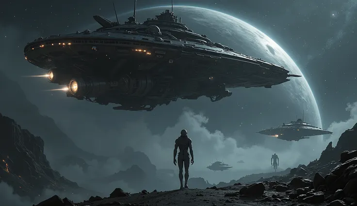 Create a dramatic and intense image showing a futuristic human fleet hovering over a dark, mysterious planet. In the foreground, depict a shadowy figure or silhouette of an alien species, disappearing into the mist, leaving only traces of their once-mighty...