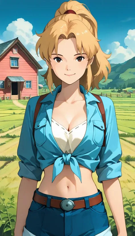 (1girl, solo, JuliaHarvestMoon), (extremely detailed CG unit 8k wallpaper),(master part), (best quality), (ultra detail), (best illustration),(ghibli_style), cowboy shot, standing, facing viewer, looking at viewer, perfect face, perfect eyes, perfect finge...