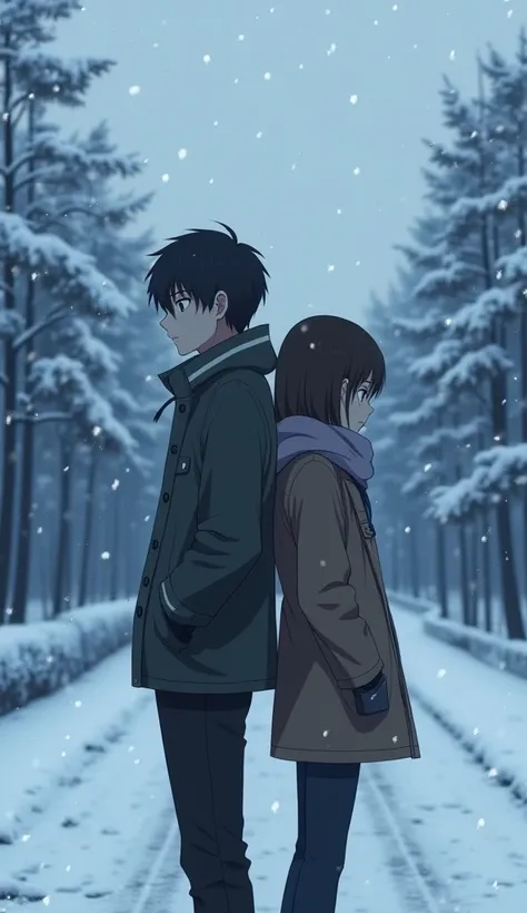 
An Anime adult couple in winter snow is falling and due to break up they are not facing each other