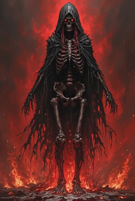 
A full height rotting malevolent female skeleton, wearing a full black hooded cloak, red eyes, remnants strands of red hair hanging lanky. Her bones still have clumps of rotting flesh and can be seen, her skeletal feet are standing in a blaze of flames, b...