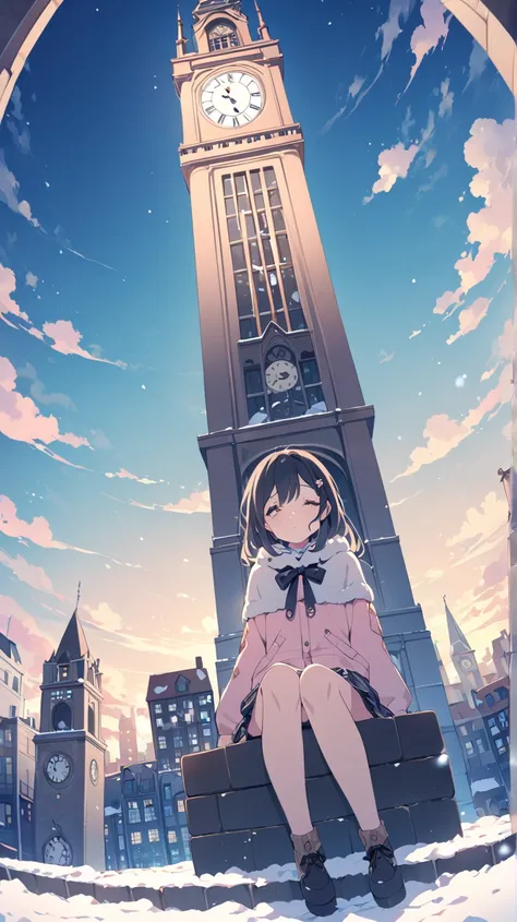 winter、snow、evening、A city with a sea view、Very tall clock tower、 1 girl in the best,  black hair、 sad expression 、Sit on the block、Composition looking up at the sky、Backwards、 anime-style 、 Dutch angle, ribbon,  accessory, pastel style 、Wide angle、