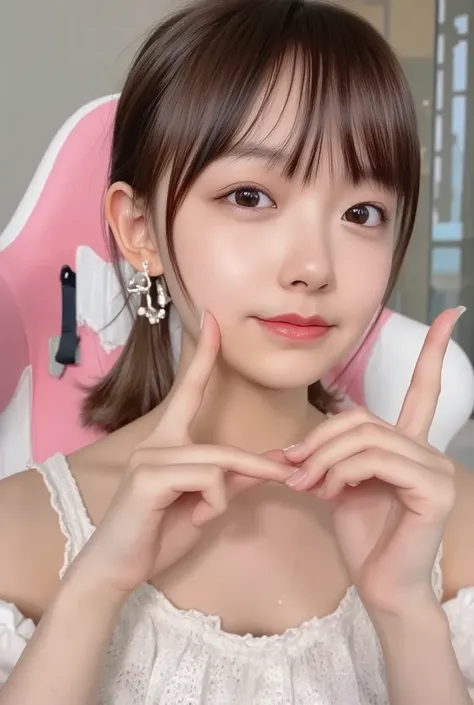  Super Fine、Picture of her face 、She smiles, I&#39;m wearing a camisole,  poses with hands crossed in front of the chest in the shape of a heart、The background is plain 、    high definition in a hotel suite room 、細部にわたって   high definition in a hotel suite ...