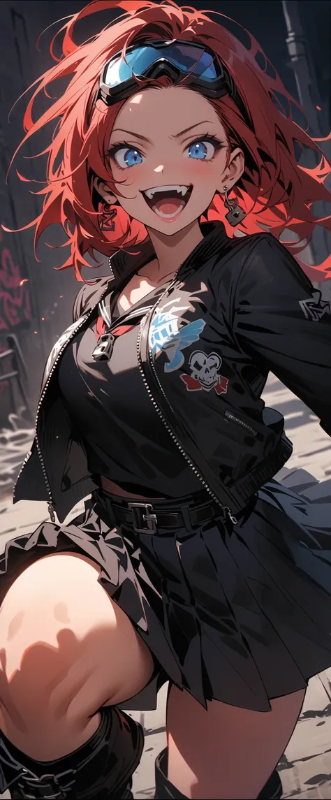 ( beautiful girl  : 1.3), 1 girl,( black sailor suit,Roll up your sleeves, skirt ,white and blue souvenir jacket ,biker goggle on head, earrings,belt,Harness,finger piercing gloves ,Lock, boots), red Hair,Forehead, Crazy Smile ,Reckless attitude,Evil face,...