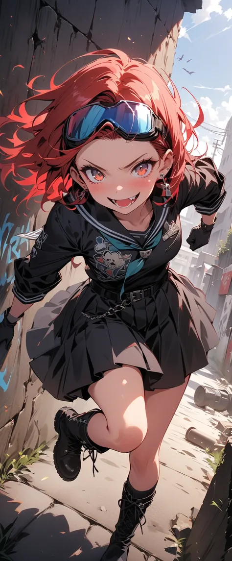 ( beautiful girl  : 1.3), 1 girl,( black sailor suit,Roll up your sleeves, skirt ,white and blue souvenir jacket ,biker goggle on head, earrings,belt,Harness,finger piercing gloves ,Lock, boots), red Hair,Forehead, Crazy Smile ,Reckless attitude,Evil face,...