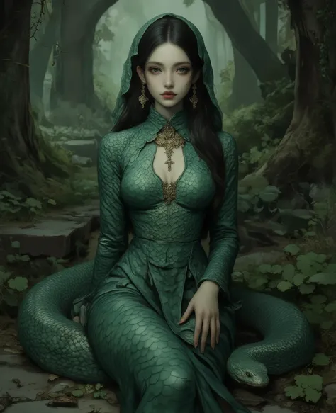 An anthropomorphic snake woman in the form of a human、The upper body looks like a human and the skin looks like snake scales、The lower body is the body of a snake、Images on the theme of Snake Woman、