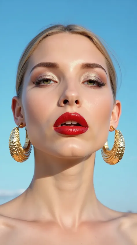 A hyper-detailed, avant-garde 3/4 shot photograph featuring a striking woman with pale light skin against a clear, light blue sky. Her nude high-angle mid shot highlights the smooth texture of her flawless complexion. Shimmering metallic eyeshadow enhances...