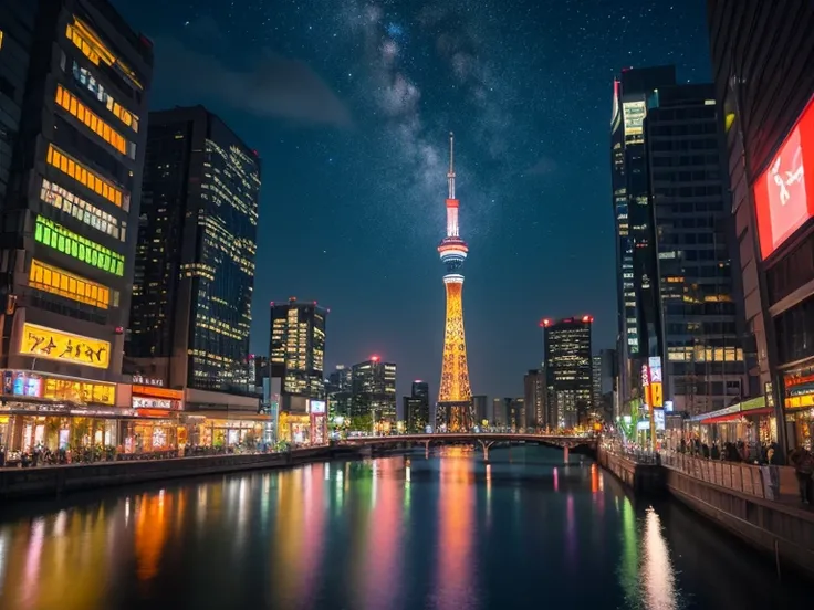 A breathtaking nighttime view of Tokyo's vibrant cityscape, filled with towering skyscrapers, glowing neon signs, and bustling streets. The city lights create a dazzling array of colors, with brilliant hues of blue, purple, pink, and yellow illuminating th...