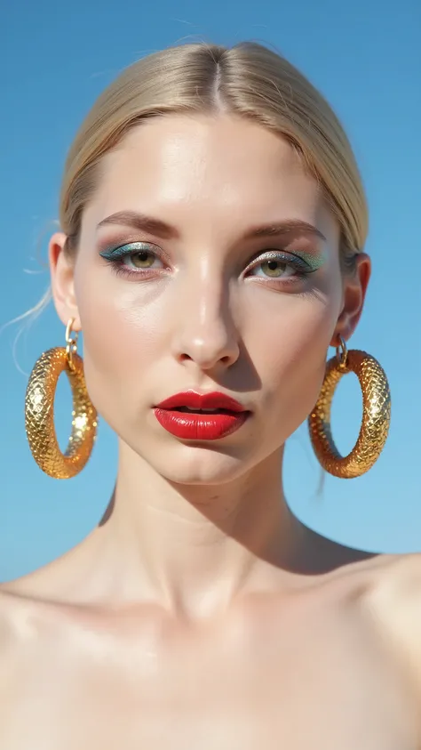 A hyper-detailed, avant-garde 3/4 shot photograph featuring a striking woman with pale light skin against a clear, light blue sky. Her nude high-angle mid shot highlights the smooth texture of her flawless complexion. Shimmering metallic eyeshadow enhances...