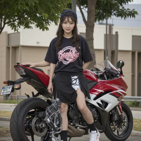  Documentary Photos ,  is present,  dramatic scene,  very beautiful Japanese college girl, standing beside a motorcycle ,, masterpiece, ( focus on face :1.3),  beautiful eyes, Kawasaki modified motorcycle, Bazooka on the back,