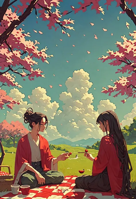 See a cherry tree at a picnic under the cherry blossom on the day of culture of Gippon. It is a beautiful and warm painting, it is a painting that does not fade. There are 2 people in it.