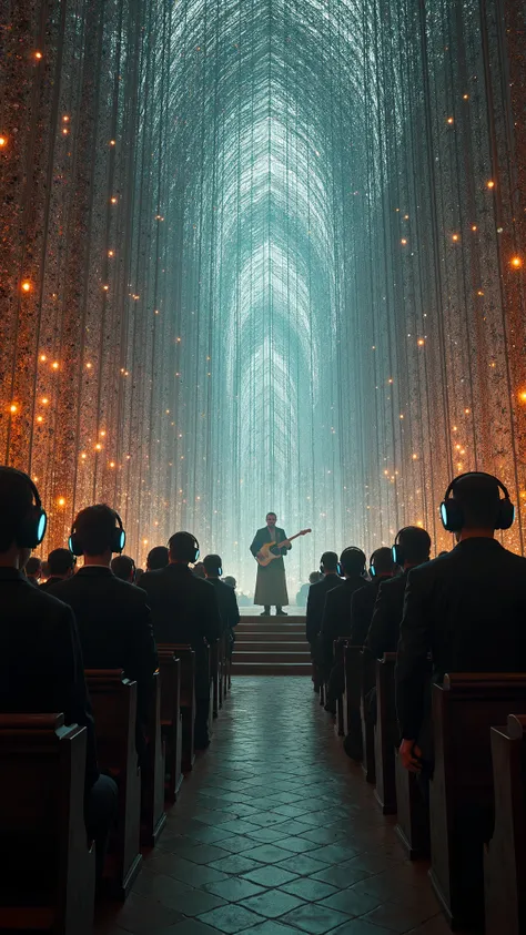 the church made from guitar strings filled with people who wear headphones and  the priest plays bass guitar 