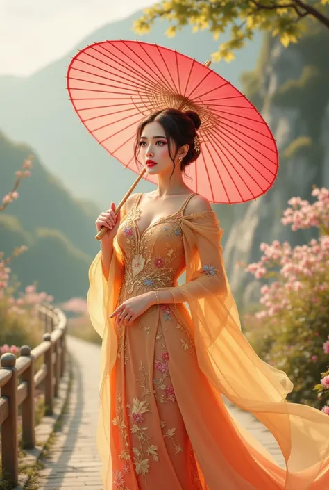 Fantasy photo Beautiful young woman , wearing a hijab with an East Asian appearance, wearing a red chinese paper umbrella decorated with floral motifs ,  wearing traditional Chinese style long dresses .  This dress features a gradation of soft soft orange ...