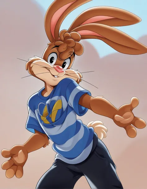 zPDXL3,quicky,4 fingers,brown fur, black pants, blue striped shirt, standing, young adult, cute version of quicky, cute rabbit hair, furry, rabbit, male, Warner Bros style, femboy, slim,solo,looking_at_viewer,