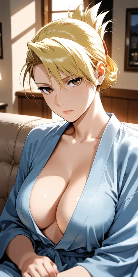 Masterpiece, mature woman, riza hawkeye, slim, upper body, nigh robe, sit on sofa, ultra detailed, highres, absurdres, best quality, dynamic lighting, home, portrait, semi realistic