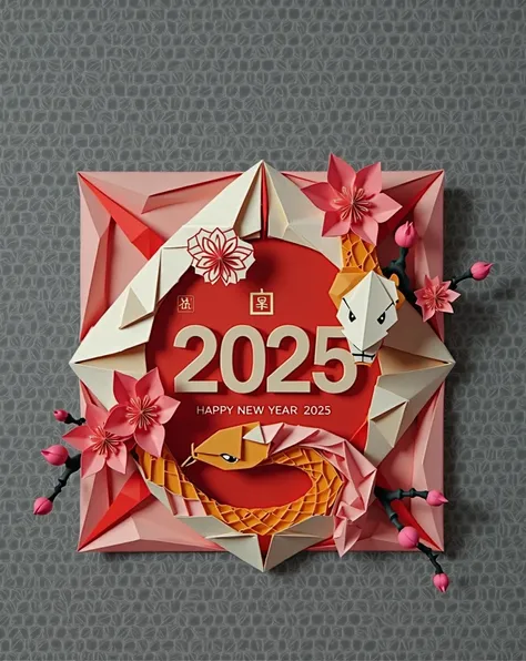 A top-down perspective of an intricate origami-style Chinese Happy New Year 2025 scene featuring a stylized snake and plum blossoms. The image uses a folded paper aesthetic with geometric precision, showcasing soft colors and a bird’s eye view.