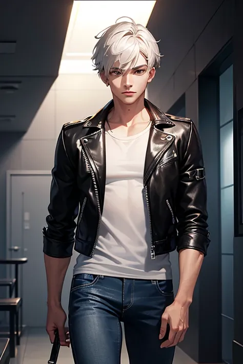 ((artwork, Best quality)), studio lighting, (1 boy), (Alone), (male focus), (stand:1.3), (looking forward: 1.3), front camera, tall and defined, protagonist, gray t-shirt, black leather jacket open and with zipper, long and tight jeans, seductive, short me...